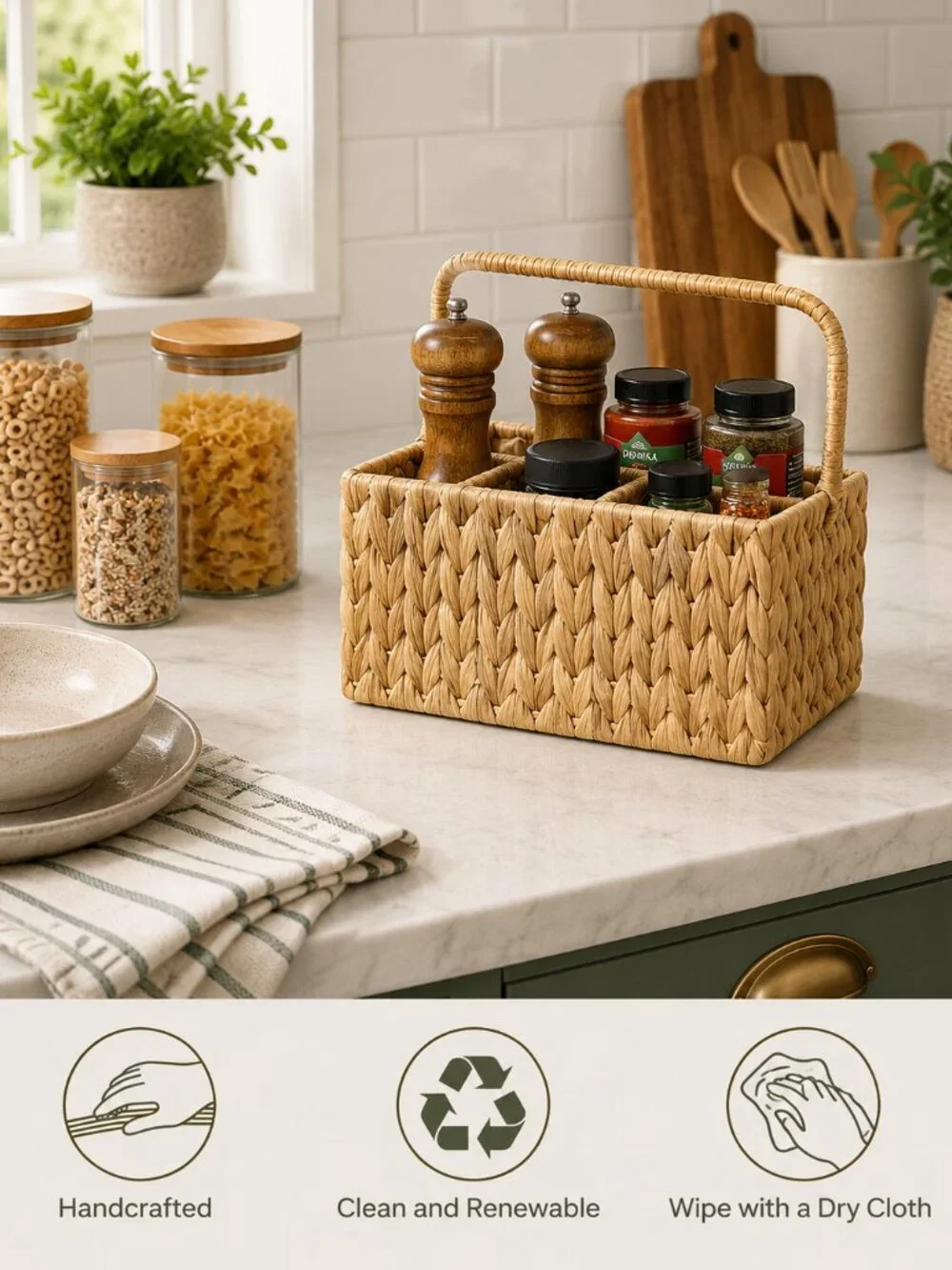 Hand-Woven Wicker Silverware Organizer Water Hyacinth Cutlery Holder Countertop